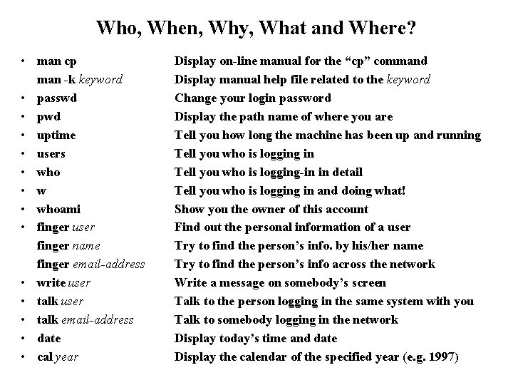 Who, When, Why, What and Where? • man cp man -k keyword • passwd