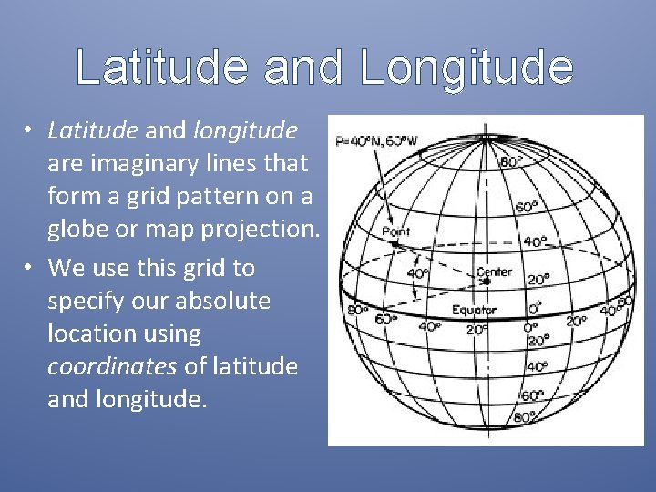 Latitude and Longitude • Latitude and longitude are imaginary lines that form a grid
