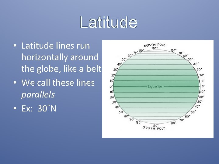 Latitude • Latitude lines run horizontally around the globe, like a belt. • We