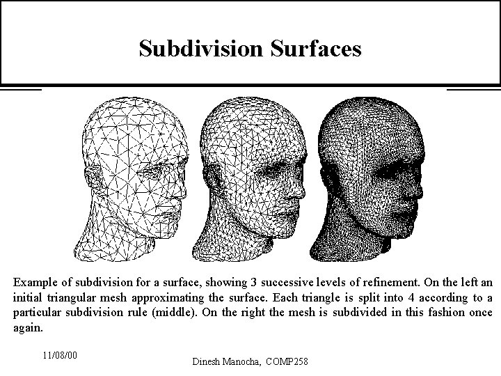 Subdivision Surfaces Example of subdivision for a surface, showing 3 successive levels of refinement.