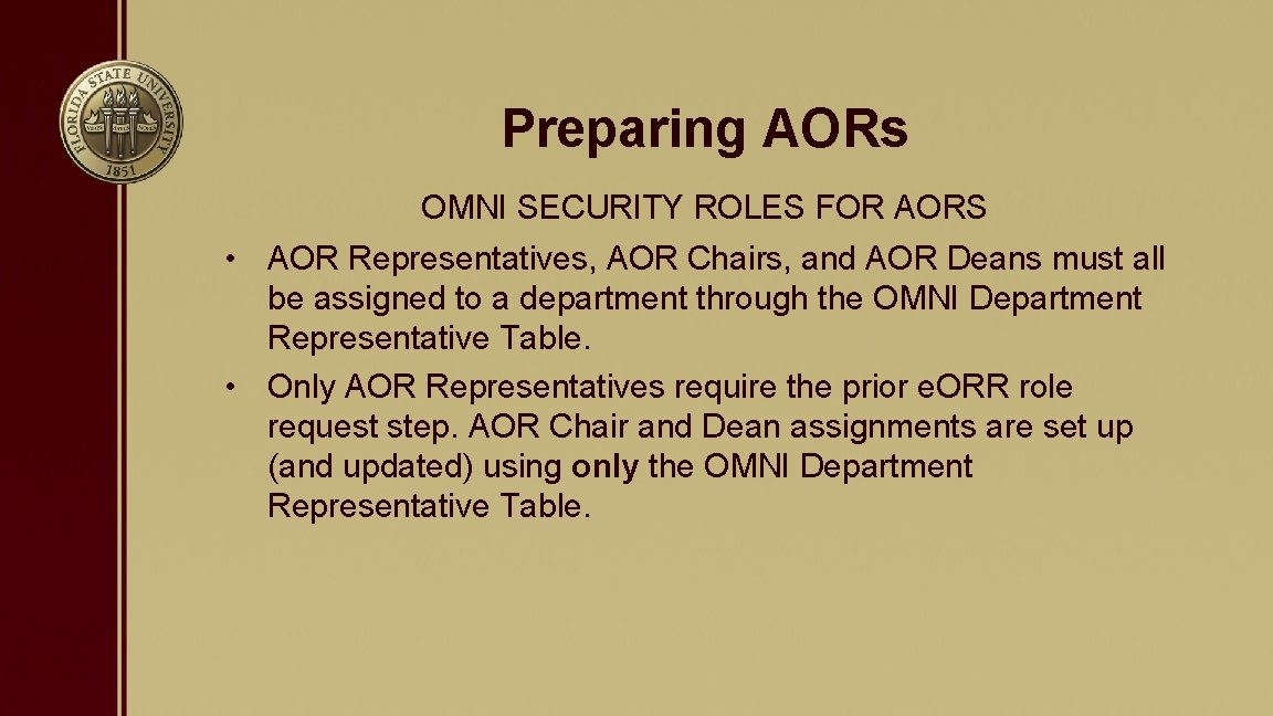 Preparing AORs OMNI SECURITY ROLES FOR AORS • AOR Representatives, AOR Chairs, and AOR