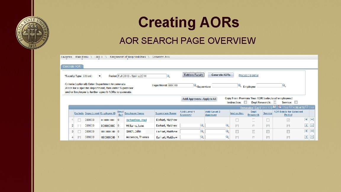 Creating AORs AOR SEARCH PAGE OVERVIEW 