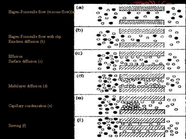 Hagen-Poisseulle flow (viscous flow)(a) Hagen-Poisseulle flow with slip Knudsen diffusion (b) Effusion Surface diffusion