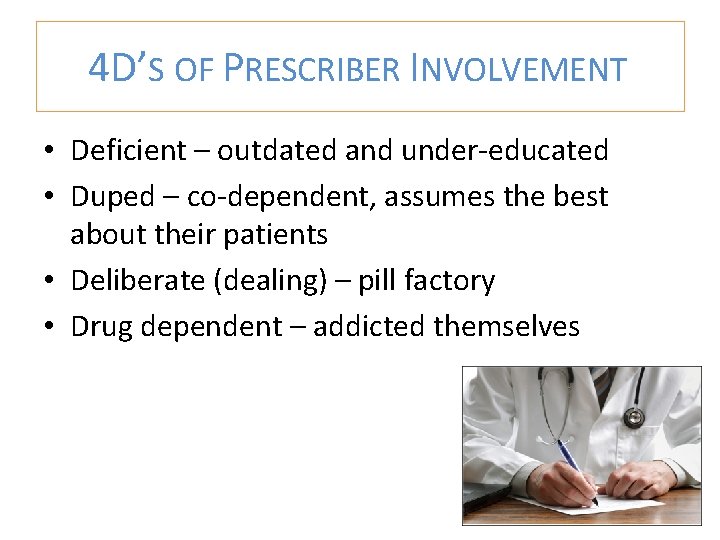 4 D’S OF PRESCRIBER INVOLVEMENT • Deficient – outdated and under-educated • Duped –