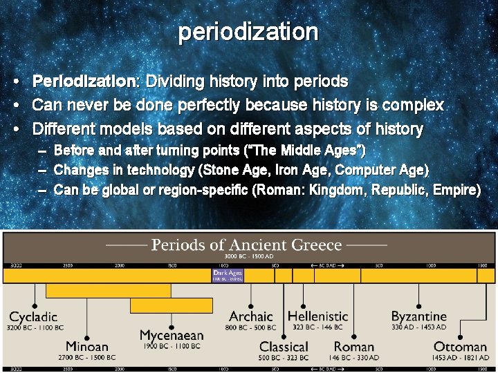 periodization • • • Periodization: Dividing history into periods Can never be done perfectly