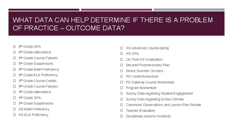 WHAT DATA CAN HELP DETERMINE IF THERE IS A PROBLEM OF PRACTICE – OUTCOME
