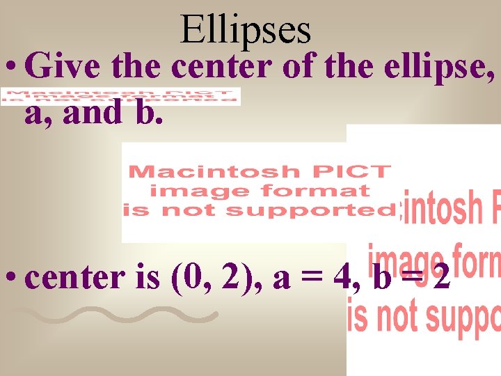 Ellipses • Give the center of the ellipse, a, and b. • center is