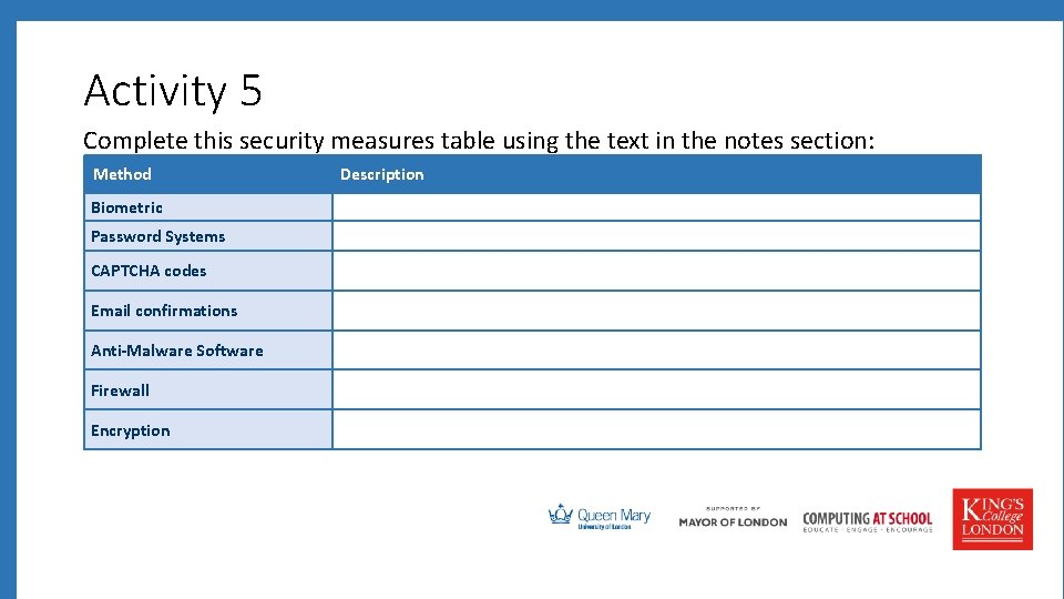 Activity 5 Complete this security measures table using the text in the notes section: Activity 5 Complete this security measures table using the text in the notes section: