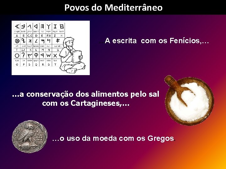 Povos do Mediterrâneo …A escrita com os Fenícios, … …a conservação dos alimentos pelo