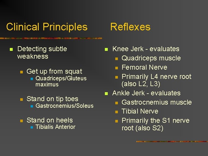 Clinical Principles n Detecting subtle weakness n Quadriceps/Gluteus maximus Stand on tip toes n Clinical Principles n Detecting subtle weakness n Quadriceps/Gluteus maximus Stand on tip toes n