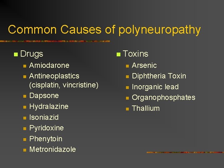 Common Causes of polyneuropathy n Drugs n n n n Amiodarone Antineoplastics (cisplatin, vincristine) Common Causes of polyneuropathy n Drugs n n n n Amiodarone Antineoplastics (cisplatin, vincristine)