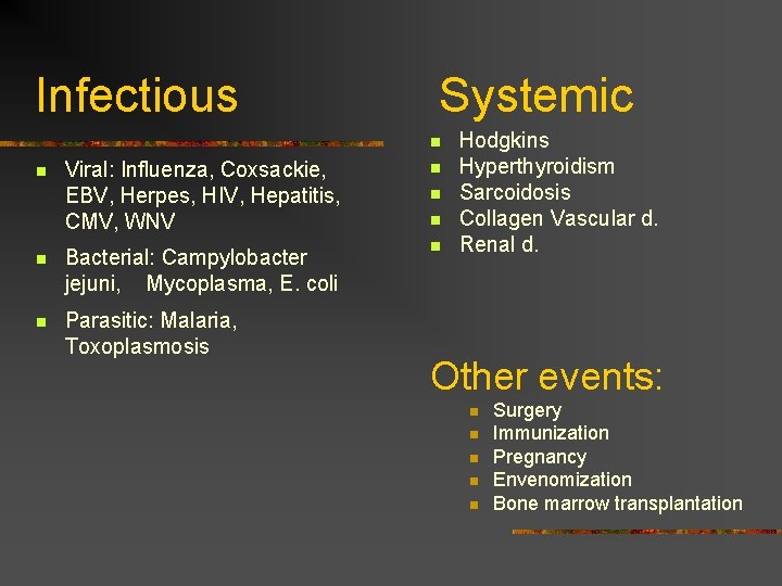 Infectious Systemic n Viral: Influenza, Coxsackie, EBV, Herpes, HIV, Hepatitis, CMV, WNV n n Infectious Systemic n Viral: Influenza, Coxsackie, EBV, Herpes, HIV, Hepatitis, CMV, WNV n n