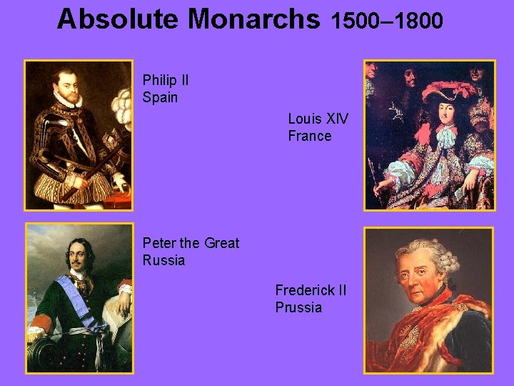 Absolute Monarchs 1500– 1800 Philip II Spain Louis XIV France Peter the Great Russia