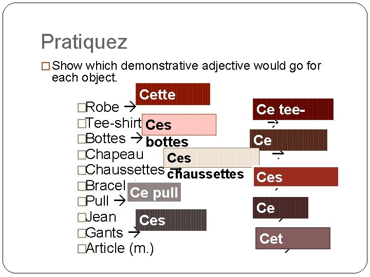 Pratiquez � Show which demonstrative adjective would go for each object. Cette �Robe robe