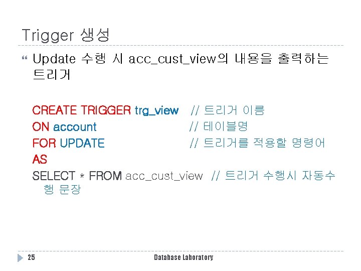 Trigger 생성 Update 수행 시 acc_cust_view의 내용을 출력하는 트리거 CREATE TRIGGER trg_view // 트리거