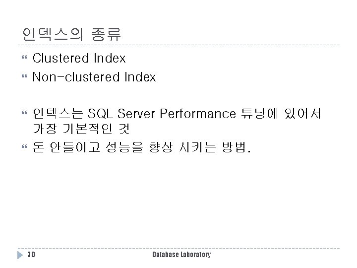 인덱스의 종류 Clustered Index Non-clustered Index 인덱스는 SQL Server Performance 튜닝에 있어서 가장 기본적인