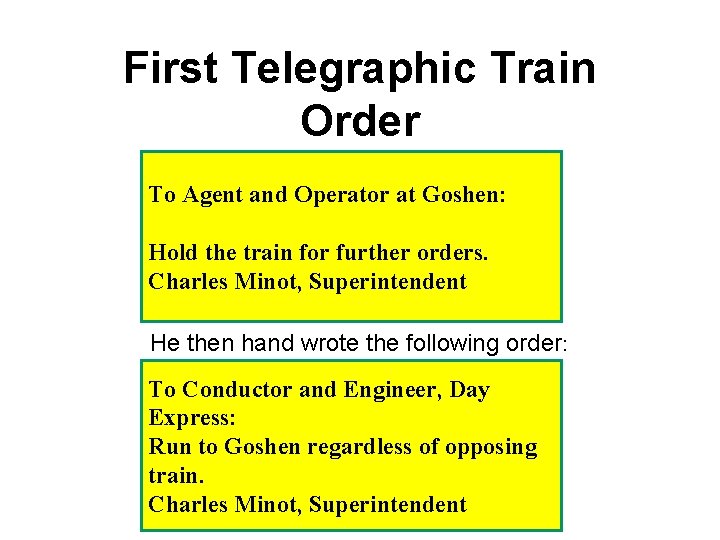 First Telegraphic Train Order • Superintendent Charles Minot of the To Agent and Operator