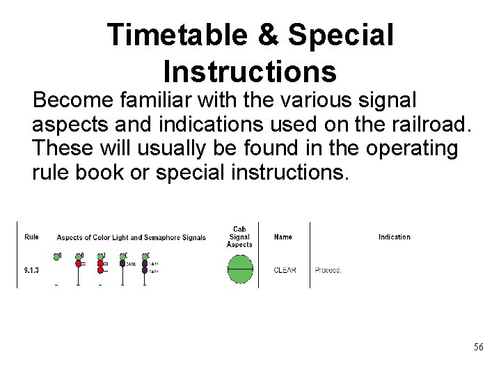 Timetable & Special Instructions Become familiar with the various signal aspects and indications used