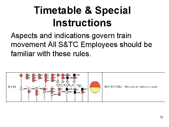 Timetable & Special Instructions Aspects and indications govern train movement All S&TC Employees should