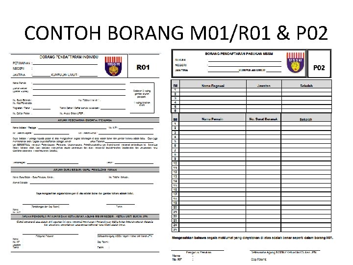 CONTOH BORANG M 01/R 01 & P 02 