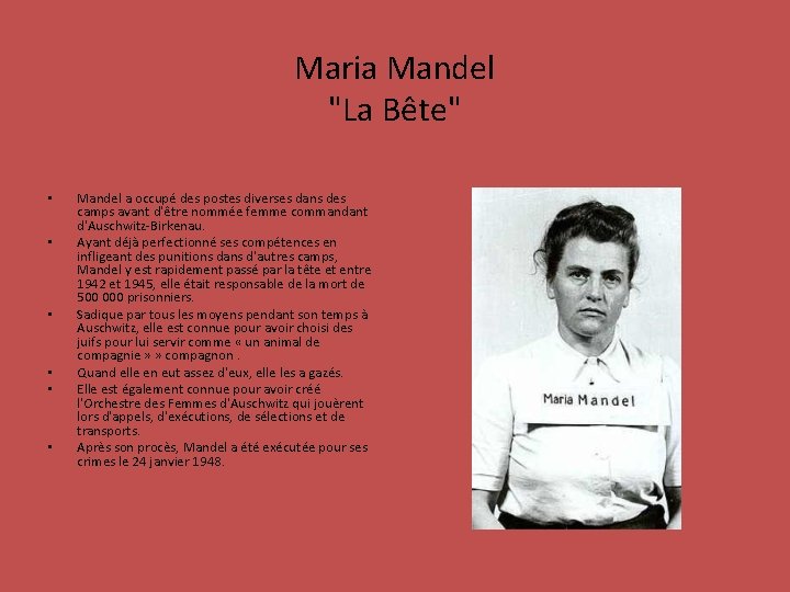 Maria Mandel "La Bête" • • • Mandel a occupé des postes diverses dans