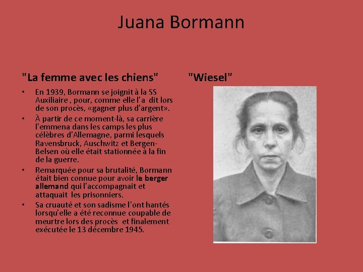Juana Bormann "La femme avec les chiens" • • En 1939, Bormann se joignit