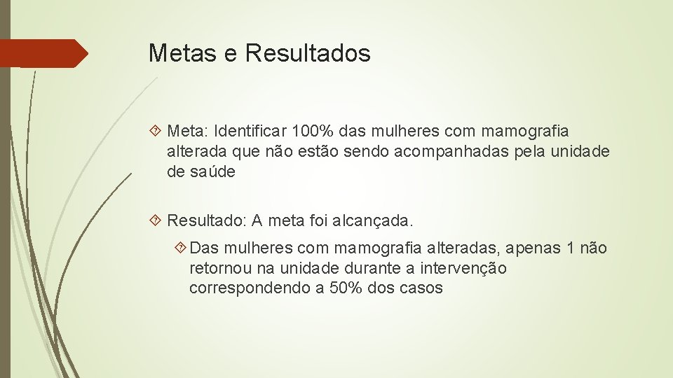 Metas e Resultados Meta: Identificar 100% das mulheres com mamografia alterada que não estão