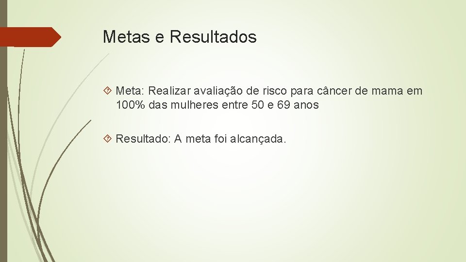 Metas e Resultados Meta: Realizar avaliação de risco para câncer de mama em 100%