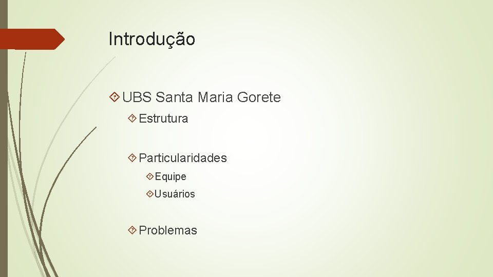 Introdução UBS Santa Maria Gorete Estrutura Particularidades Equipe Usuários Problemas 