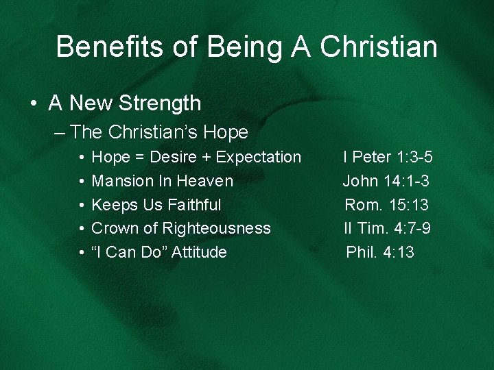 Benefits of Being A Christian • A New Strength – The Christian’s Hope •