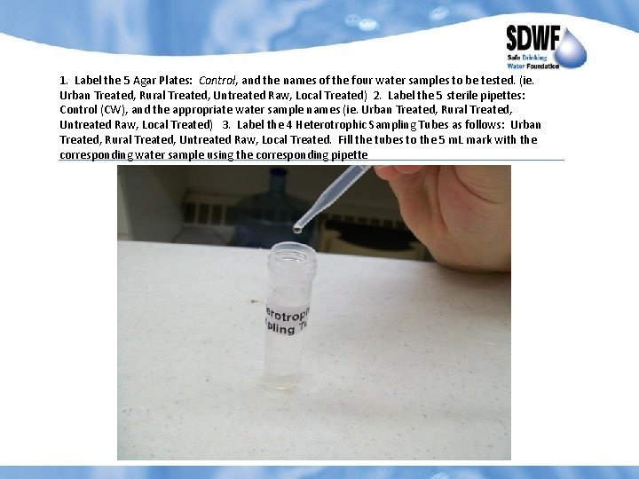 1. Label the 5 Agar Plates: Control, and the names of the four water