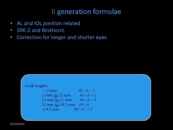 II generation formulae • AL and IOL position related • SRK-2 and Binkhorst. •
