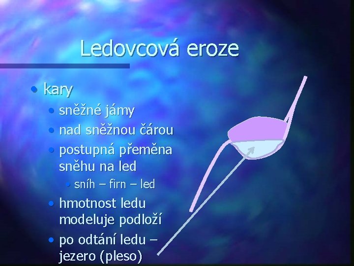 Ledovcová eroze • kary • sněžné jámy • nad sněžnou čárou • postupná přeměna