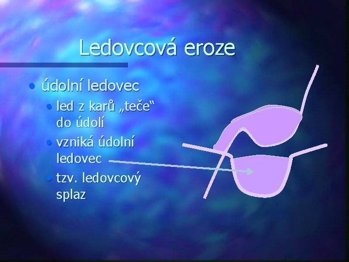 Ledovcová eroze • údolní ledovec • led z karů „teče“ do údolí • vzniká