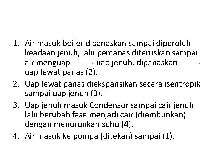 1. Air masuk boiler dipanaskan sampai diperoleh keadaan jenuh, lalu pemanas diteruskan sampai air