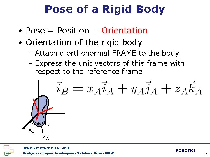 Pose of a Rigid Body • Pose = Position + Orientation • Orientation of