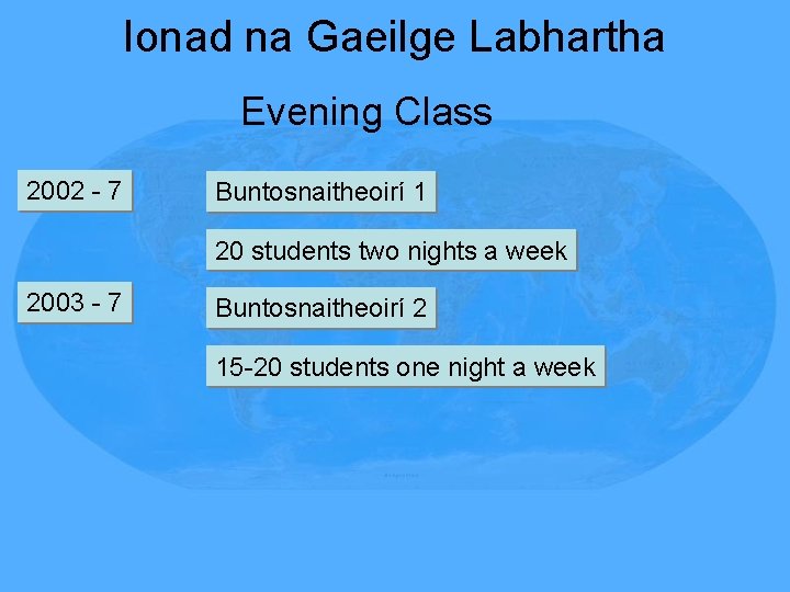 Ionad na Gaeilge Labhartha Evening Class 2002 - 7 Buntosnaitheoirí 1 20 students two