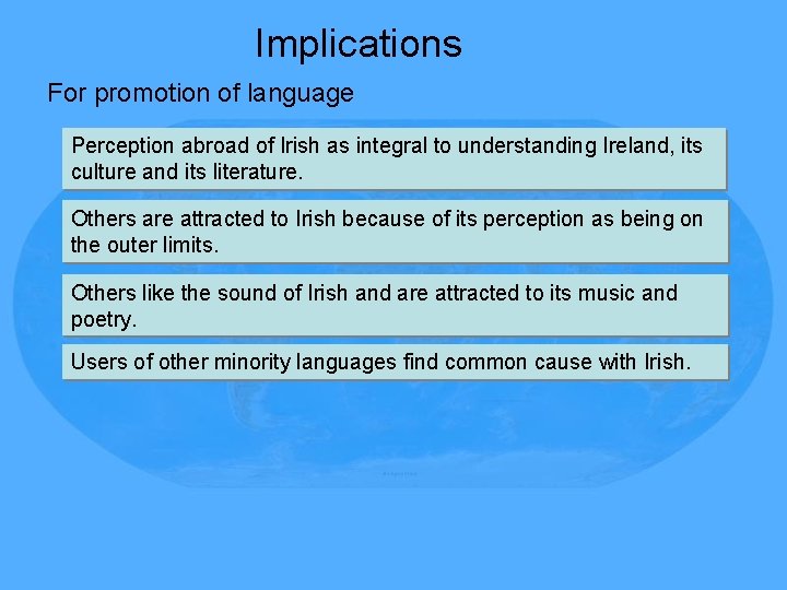 Implications For promotion of language Perception abroad of Irish as integral to understanding Ireland,