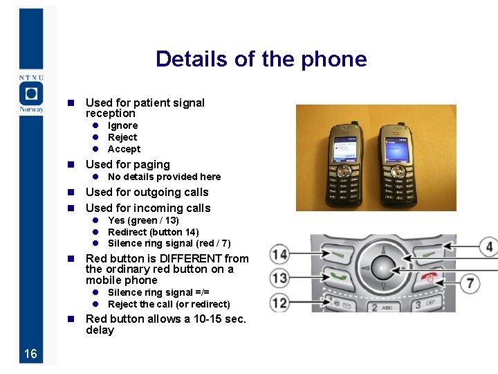 Details of the phone n Used for patient signal reception l Ignore l Reject