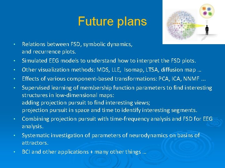 Future plans • • Relations between FSD, symbolic dynamics, and recurrence plots. Simulated EEG