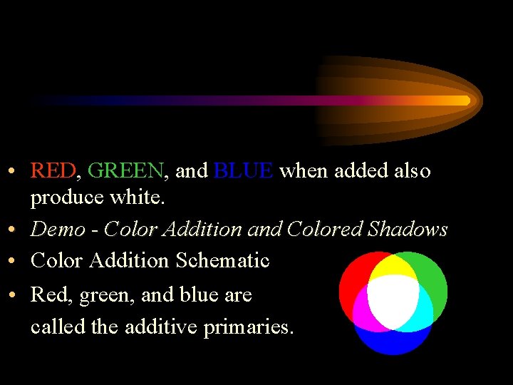  • RED, GREEN, and BLUE when added also produce white. • Demo -