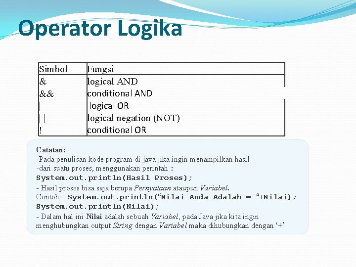 Operator Logika Simbol & && | || ! Fungsi logical AND conditional AND logical