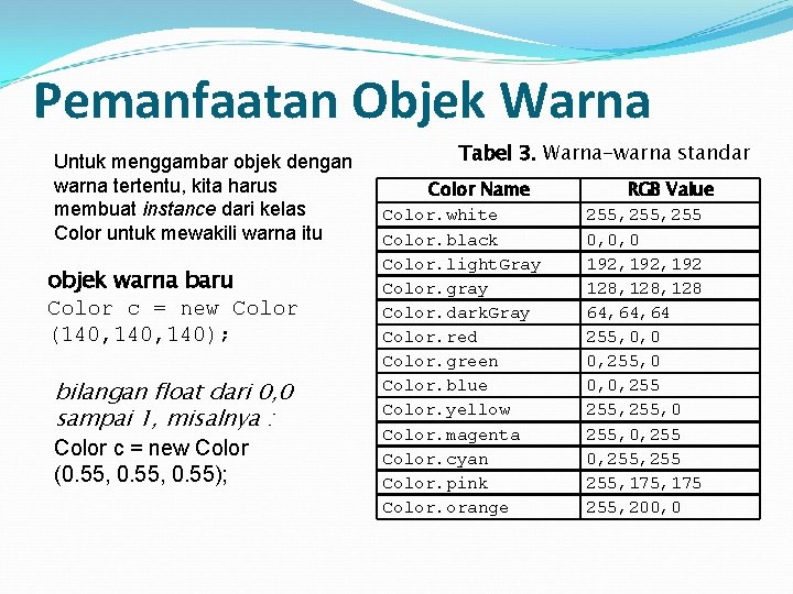 Pemanfaatan Objek Warna Untuk menggambar objek dengan warna tertentu, kita harus membuat instance dari