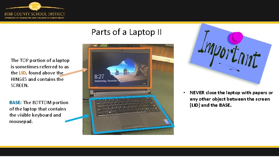 Parts of a Laptop II The TOP portion of a laptop is sometimes referred