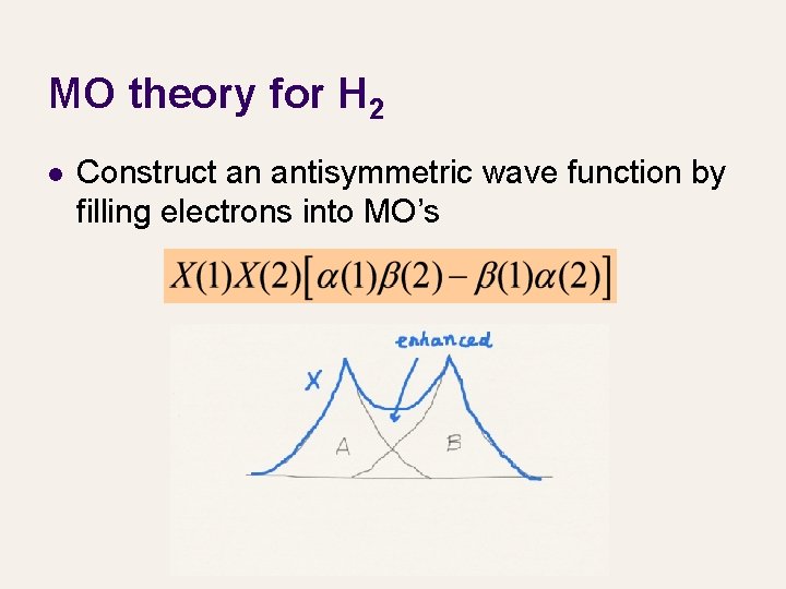 MO theory for H 2 l Construct an antisymmetric wave function by filling electrons