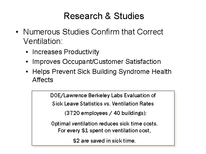 Research & Studies • Numerous Studies Confirm that Correct Ventilation: • Increases Productivity •