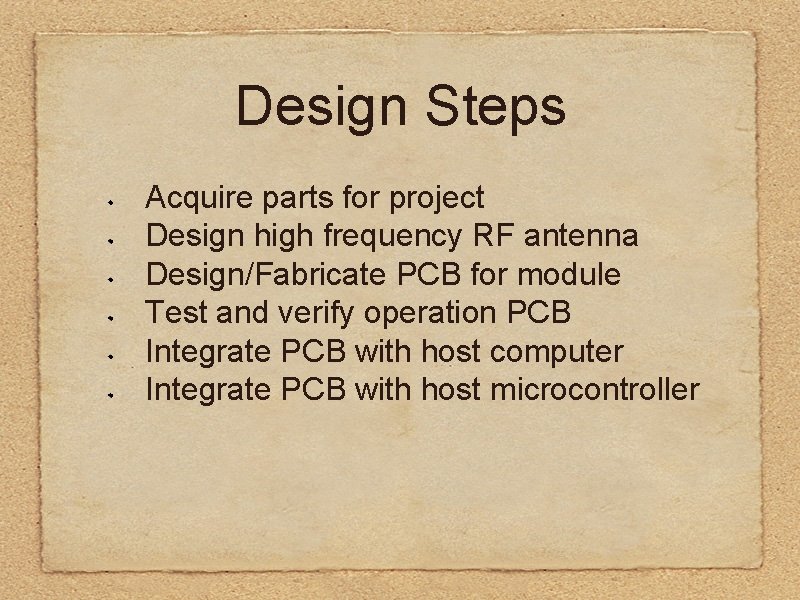 Design Steps Acquire parts for project Design high frequency RF antenna Design/Fabricate PCB for