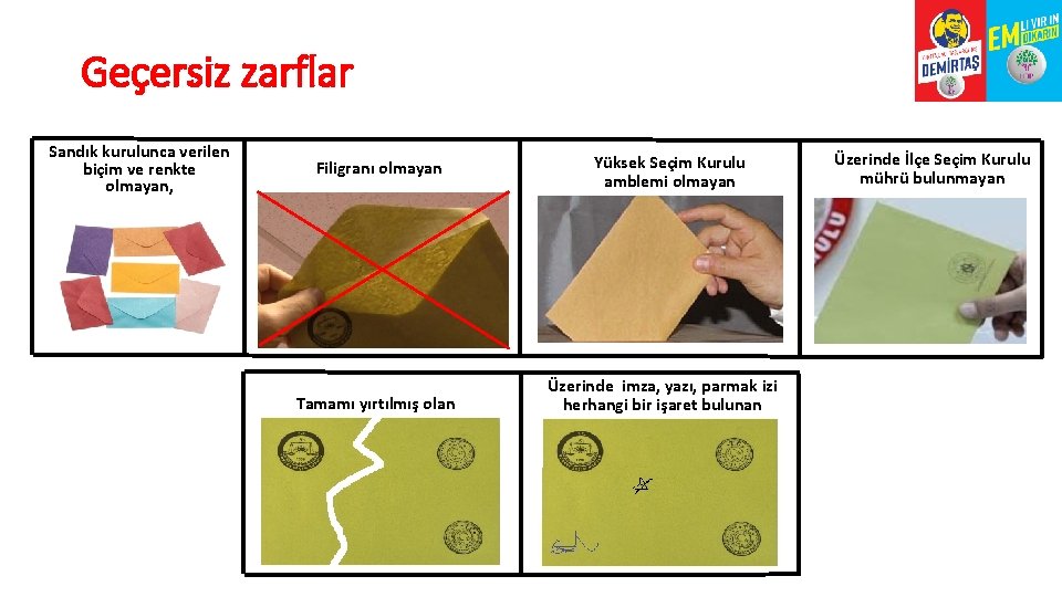 Geçersiz zarflar Sandık kurulunca verilen biçim ve renkte olmayan, Filigranı olmayan Tamamı yırtılmış olan