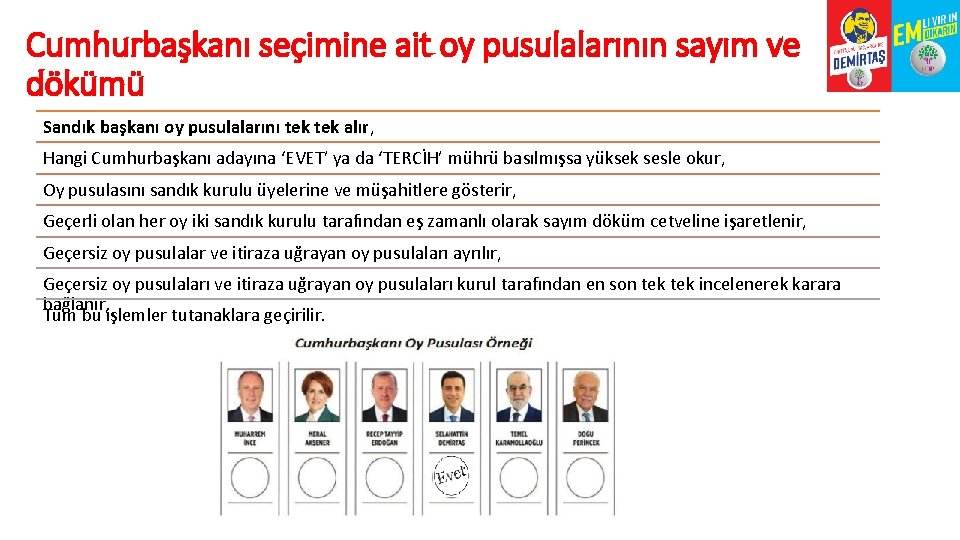 Cumhurbaşkanı seçimine ait oy pusulalarının sayım ve dökümü Sandık başkanı oy pusulalarını tek alır,