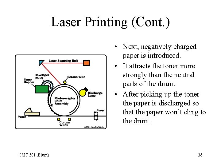 Laser Printing (Cont. ) • Next, negatively charged paper is introduced. • It attracts